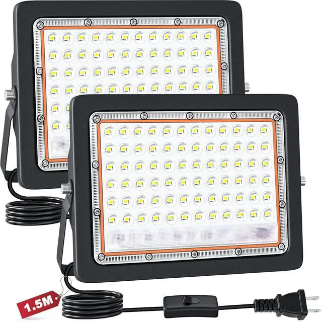 Main image of 50W LED Flood Light, 10000LM Plug in Flood Light with Switch, 6500K Daylight White Reflectores Led, Flood Lights Outdoor for Garage, Yard, Garden, Stadium -IP66 2 Pack