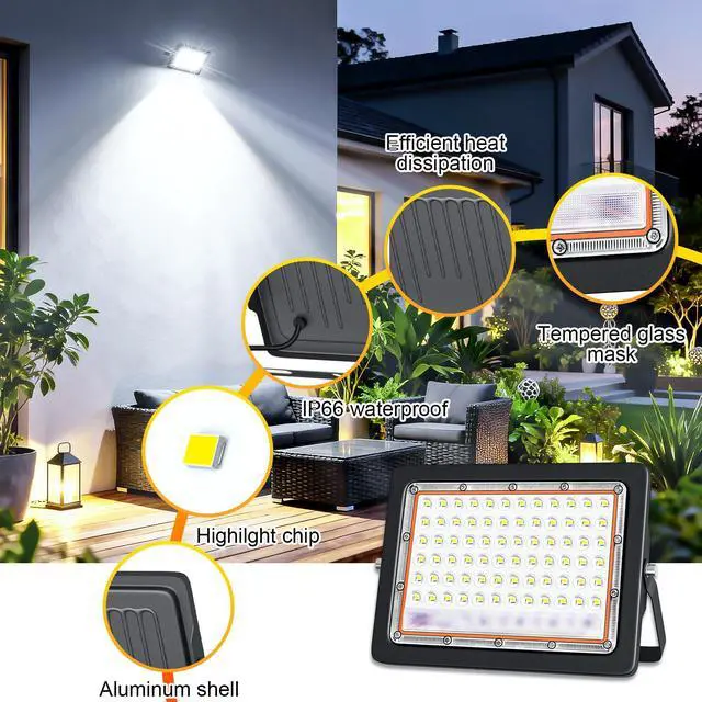 Alt view image 4 of 7 - 50W LED Flood Light, 10000LM Plug in Flood Light with Switch, 6500K Daylight White Reflectores Led, Flood Lights Outdoor for Garage, Yard, Garden, Stadium -IP66 2 Pack
