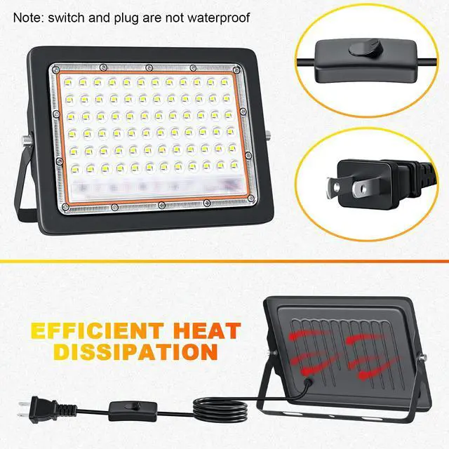 Alt view image 5 of 7 - 50W LED Flood Light, 10000LM Plug in Flood Light with Switch, 6500K Daylight White Reflectores Led, Flood Lights Outdoor for Garage, Yard, Garden, Stadium -IP66 2 Pack