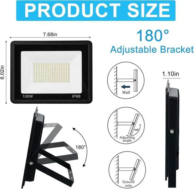 Alt view image 6 of 6 - 50W LED Flood Light 2 Pack IP66 Waterproof Exterior Security Outdoor Flood Light with Plug Floodlights for Playground, Yard, Stadium, Lawn, Garage, Aisle, 6000K Daylight