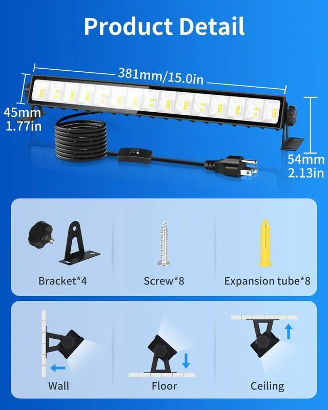 Alt view image 2 of 7 - IP66 Waterproof 45W LED Shop Lights, 5400LM 6000K Daylight White Garage Light with 6FT Power Cord & Switch, Plug in LED Work Light for Garage Workbench Workshop Warehouses Basement Yard 2 Pack