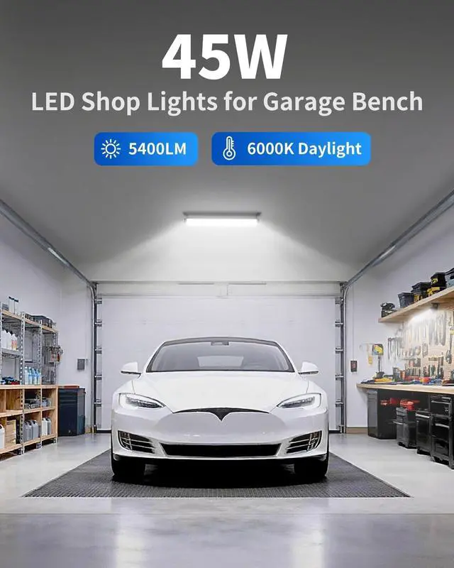 Alt view image 3 of 7 - IP66 Waterproof 45W LED Shop Lights, 5400LM 6000K Daylight White Garage Light with 6FT Power Cord & Switch, Plug in LED Work Light for Garage Workbench Workshop Warehouses Basement Yard 2 Pack