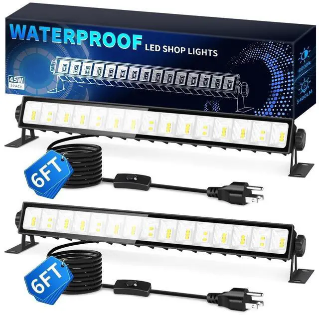 Main image of IP66 Waterproof 45W LED Shop Lights, 5400LM 6000K Daylight White Garage Light with 6FT Power Cord & Switch, Plug in LED Work Light for Garage Workbench Workshop Warehouses Basement Yard 2 Pack