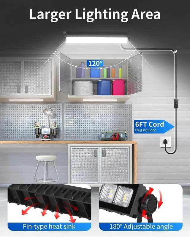 Alt view image 6 of 7 - IP66 Waterproof 45W LED Shop Lights, 5400LM 6000K Daylight White Garage Light with 6FT Power Cord & Switch, Plug in LED Work Light for Garage Workbench Workshop Warehouses Basement Yard 2 Pack