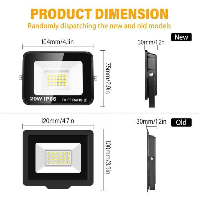 Alt view image 2 of 7 - 2 Pack 20W LED Flood Light Outdoor, 2000LM Security Lights Outside Lamp, 6000K Daylight White, IP66 Waterproof LED Exterior Floodlights Lighting for Yard Garden Playground
