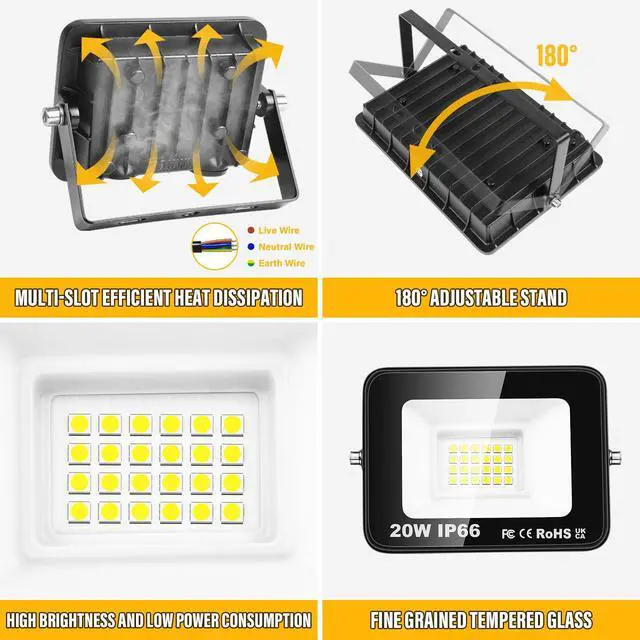 Alt view image 3 of 7 - 2 Pack 20W LED Flood Light Outdoor, 2000LM Security Lights Outside Lamp, 6000K Daylight White, IP66 Waterproof LED Exterior Floodlights Lighting for Yard Garden Playground