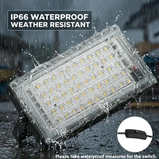 Alt view image 2 of 7 - 50W LED Flood Light Outdoor, 6000lm Bright Work Light 5000K Daylight White, IP66 Waterproof Security Light with 6FT Power Cord & Switch, 50 LEDs for Yard Garage Patio Basketball Court