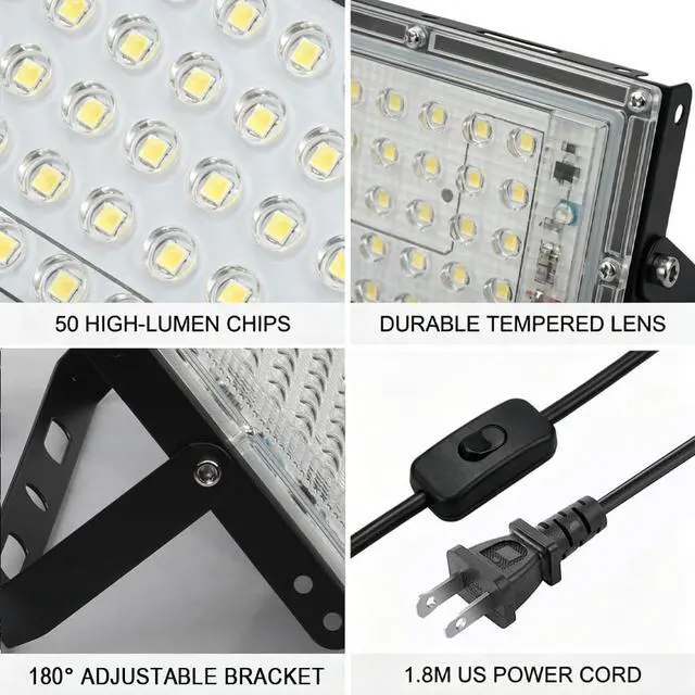 Alt view image 7 of 7 - 50W LED Flood Light Outdoor, 6000lm Bright Work Light 5000K Daylight White, IP66 Waterproof Security Light with 6FT Power Cord & Switch, 50 LEDs for Yard Garage Patio Basketball Court