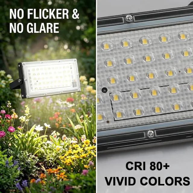 Alt view image 4 of 7 - 50W LED Flood Light Outdoor, 6000lm Bright Work Light 5000K Daylight White, IP66 Waterproof Security Light with 6FT Power Cord & Switch, 50 LEDs for Yard Garage Patio Basketball Court