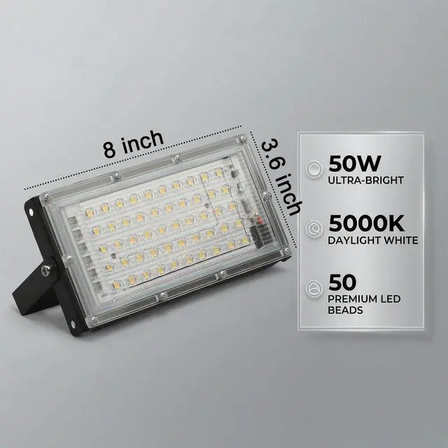 Alt view image 5 of 7 - 50W LED Flood Light Outdoor, 6000lm Bright Work Light 5000K Daylight White, IP66 Waterproof Security Light with 6FT Power Cord & Switch, 50 LEDs for Yard Garage Patio Basketball Court