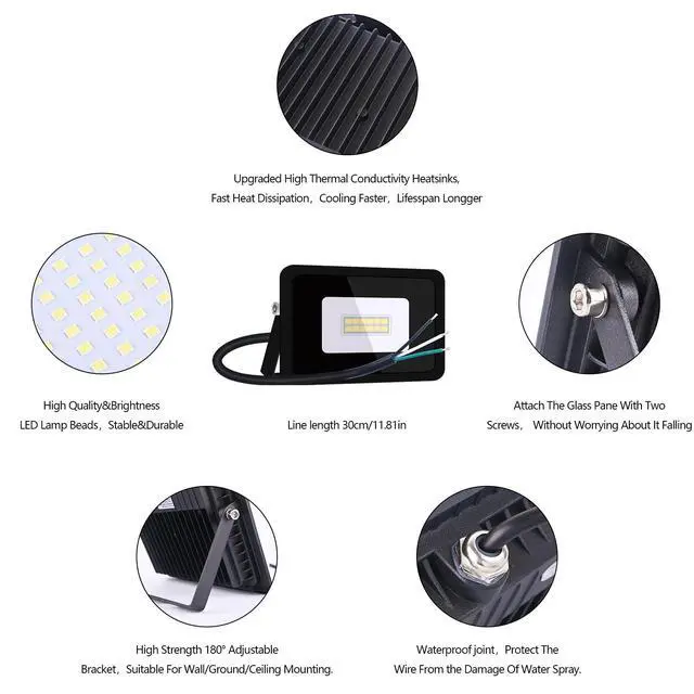 Alt view image 4 of 7 - 110V 2 Pack 10W LED Flood Light,Cool White, IP68 Waterproof Super Bright Security Lights, Outdoor Floodlight for Yard, Garden, Playground, Basketball Court