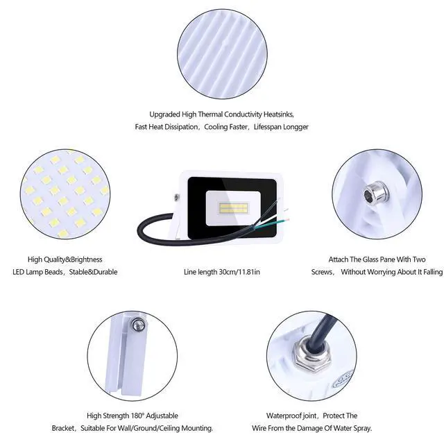 Alt view image 3 of 7 - 2 Pack White 110V 10W LED Flood Light,Cool White, IP68 Waterproof Super Bright Security Lights, Outdoor Floodlight for Yard, Garden, Playground, Basketball Court