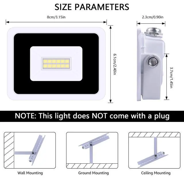 Alt view image 2 of 7 - 2 Pack White 110V 10W LED Flood Light,Cool White, IP68 Waterproof Super Bright Security Lights, Outdoor Floodlight for Yard, Garden, Playground, Basketball Court