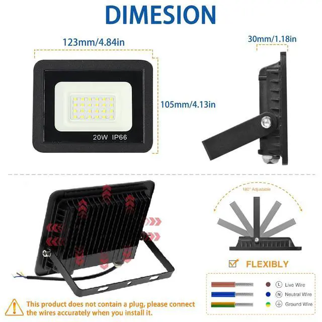Alt view image 3 of 7 - Outdoor LED Flood Light, 10W 20W 30W 50W 100W Security Light IP66 Waterproof, 6000K for Warehouse, Parking Lot, Backyard, Facade Lighting