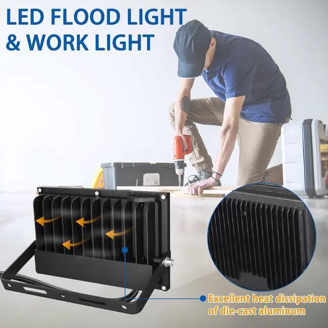 Alt view image 6 of 7 - Outdoor LED Flood Light, 10W 20W 30W 50W 100W Security Light IP66 Waterproof, 6000K for Warehouse, Parking Lot, Backyard, Facade Lighting