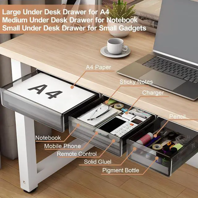 Alt view image 2 of 7 - Under Desk Table Drawer Storage Organizer,3 Pack Large & Medium & Small Slide Out Desk Drawers - Hidden Desktop Organizer,Attachable Pencil Storage Tray Under Table(SML)
