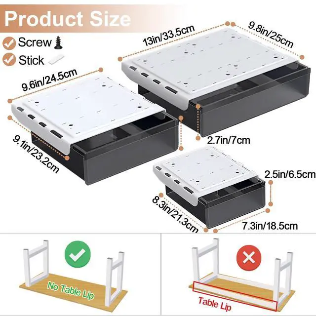 Alt view image 4 of 7 - Under Desk Table Drawer Storage Organizer,3 Pack Large & Medium & Small Slide Out Desk Drawers - Hidden Desktop Organizer,Attachable Pencil Storage Tray Under Table(SML)