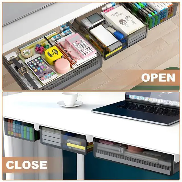 Alt view image 6 of 7 - Under Desk Table Drawer Storage Organizer,3 Pack Large & Medium & Small Slide Out Desk Drawers - Hidden Desktop Organizer,Attachable Pencil Storage Tray Under Table(SML)
