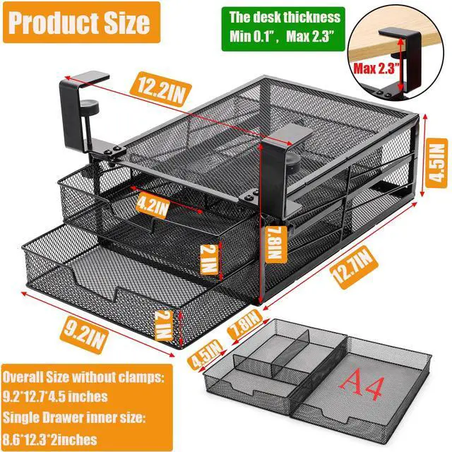 Alt view image 2 of 7 - Under Desk Drawer Organizer Slide Out, 2-Tier Metal Under Table Storage Drawers Clamp On for Home Office, Black, No Drilling