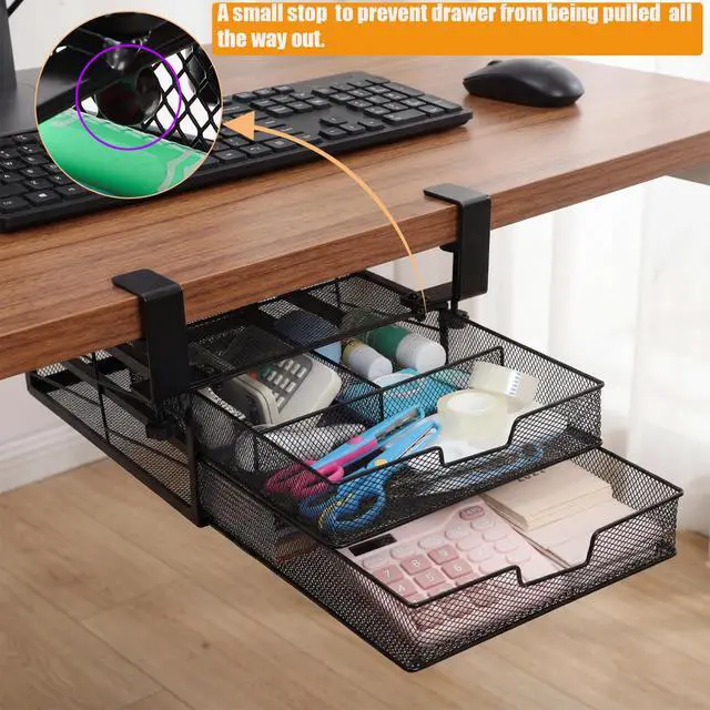 Alt view image 3 of 7 - Under Desk Drawer Organizer Slide Out, 2-Tier Metal Under Table Storage Drawers Clamp On for Home Office, Black, No Drilling