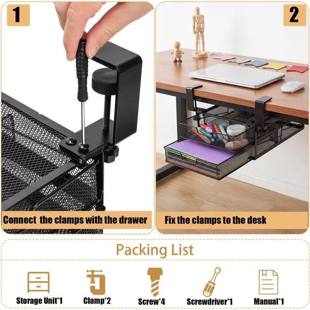 Alt view image 4 of 7 - Under Desk Drawer Organizer Slide Out, 2-Tier Metal Under Table Storage Drawers Clamp On for Home Office, Black, No Drilling