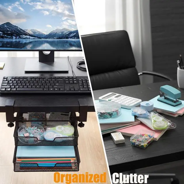 Alt view image 5 of 7 - Under Desk Drawer Organizer Slide Out, 2-Tier Metal Under Table Storage Drawers Clamp On for Home Office, Black, No Drilling