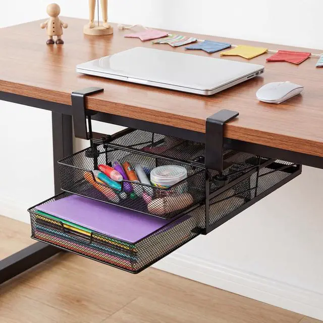 Alt view image 7 of 7 - Under Desk Drawer Organizer Slide Out, 2-Tier Metal Under Table Storage Drawers Clamp On for Home Office, Black, No Drilling