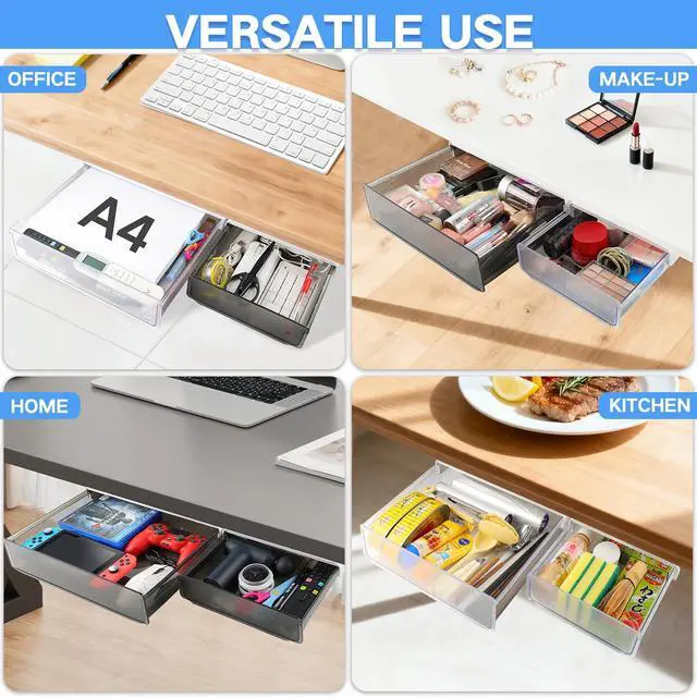 Alt view image 3 of 7 - Self-adhesive Under Desk Drawer Organizer, 2 Pack Table Hidden Slide Out Large Storage Mounted Desktop Pencil Holder Tray Drawers for Office Home School Stationery Kitchen (XL+L, Black)
