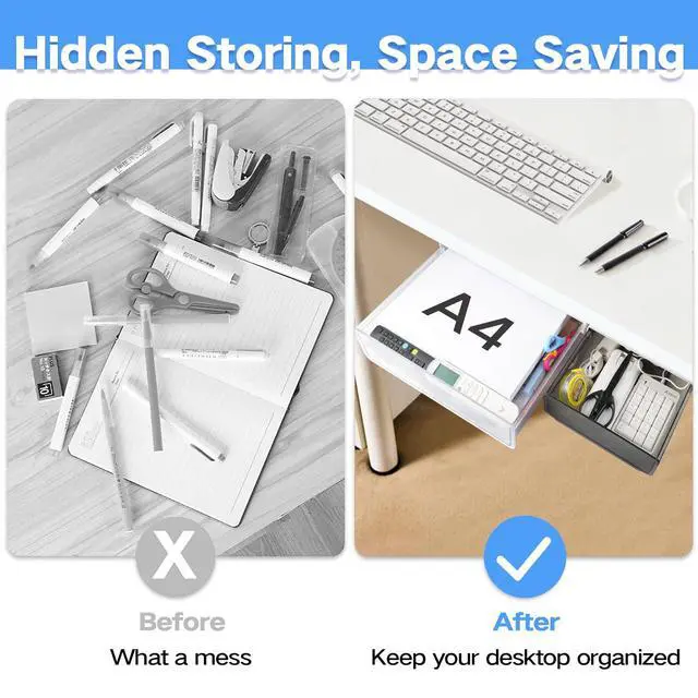 Alt view image 5 of 7 - Self-adhesive Under Desk Drawer Organizer, 2 Pack Table Hidden Slide Out Large Storage Mounted Desktop Pencil Holder Tray Drawers for Office Home School Stationery Kitchen (XL+L, Black)