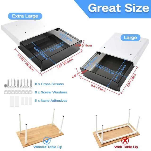 Alt view image 4 of 7 - Self-adhesive Under Desk Drawer Organizer, 2 Pack Table Hidden Slide Out Large Storage Mounted Desktop Pencil Holder Tray Drawers for Office Home School Stationery Kitchen (XL+L, Black)