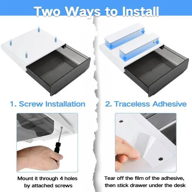 Alt view image 6 of 7 - Self-adhesive Under Desk Drawer Organizer, 2 Pack Table Hidden Slide Out Large Storage Mounted Desktop Pencil Holder Tray Drawers for Office Home School Stationery Kitchen (XL+L, Black)
