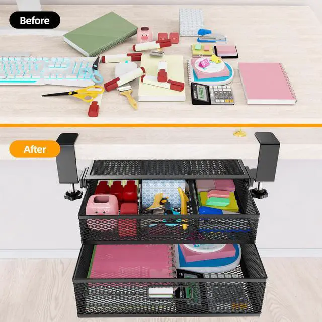 Alt view image 2 of 7 - Under Desk Drawer Organizer No Drilling 2 Slide Out Drawer Under Desk Storage Drawer Clamp On Under Desk Management Drawer Organizer Suitable for Home and Office