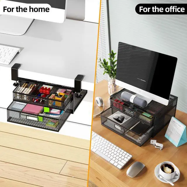 Alt view image 4 of 7 - Under Desk Drawer Organizer No Drilling 2 Slide Out Drawer Under Desk Storage Drawer Clamp On Under Desk Management Drawer Organizer Suitable for Home and Office