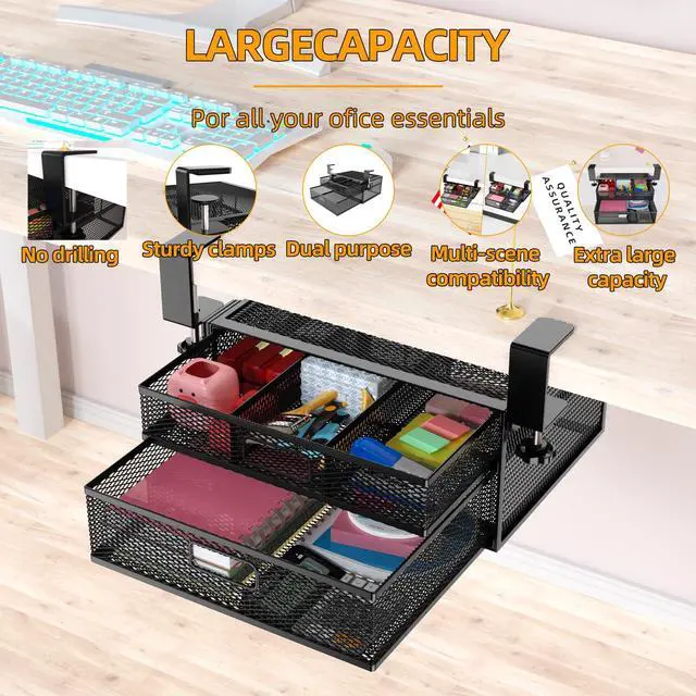 Alt view image 6 of 7 - Under Desk Drawer Organizer No Drilling 2 Slide Out Drawer Under Desk Storage Drawer Clamp On Under Desk Management Drawer Organizer Suitable for Home and Office