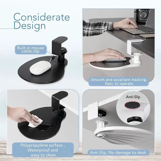 Alt view image 3 of 6 - Clamp-On Under Desk Mouse Tray, 360° Swivel Ergonomic Platform with Cable Organizer, Smooth Glide Surface for Gaming or Office, Fits Desks 0.5"-1.5" Thick, Tool-Free Install, TAA-Compliant