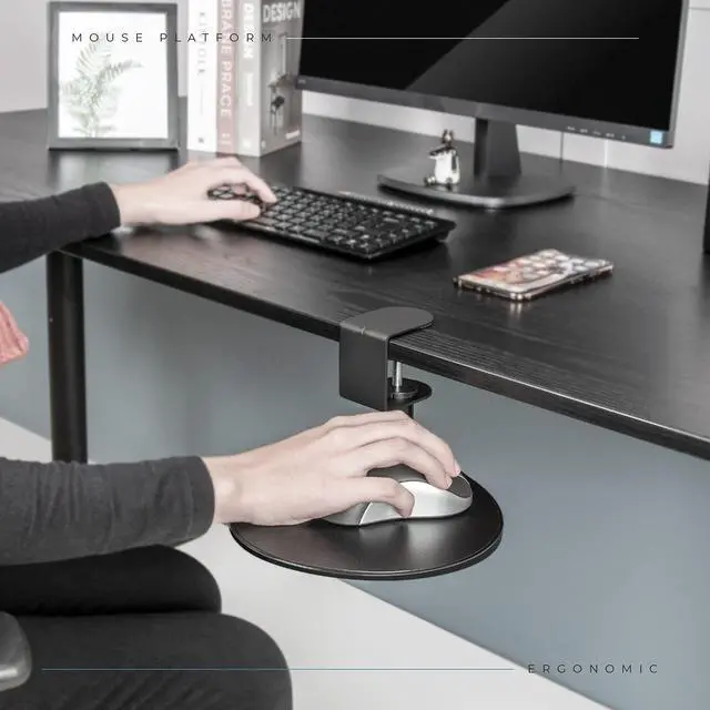 Alt view image 5 of 6 - Clamp-On Under Desk Mouse Tray, 360° Swivel Ergonomic Platform with Cable Organizer, Smooth Glide Surface for Gaming or Office, Fits Desks 0.5"-1.5" Thick, Tool-Free Install, TAA-Compliant
