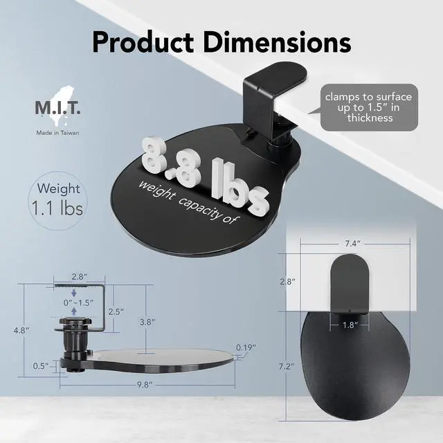 Alt view image 2 of 6 - Clamp-On Under Desk Mouse Tray, 360° Swivel Ergonomic Platform with Cable Organizer, Smooth Glide Surface for Gaming or Office, Fits Desks 0.5"-1.5" Thick, Tool-Free Install, TAA-Compliant
