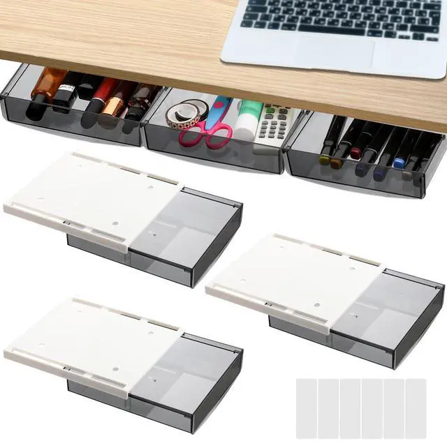 Main image of 3 Pack Under Desk Drawer, Self-Adhesive Slide Out Organizer Tray, Plastic Under Table Attachable Hidden Storage Organizer for Office Home School Kitchen Sewing Table