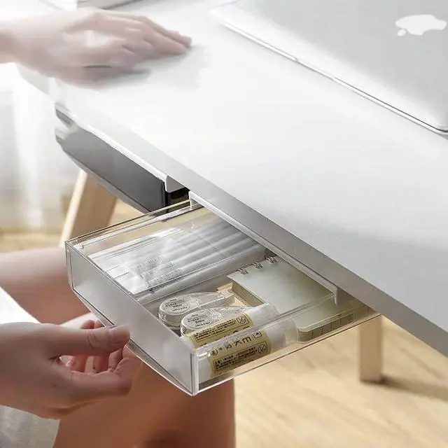 Alt view image 4 of 7 - 3 Pack Under Desk Drawer, Self-Adhesive Slide Out Organizer Tray, Plastic Under Table Attachable Hidden Storage Organizer for Office Home School Kitchen Sewing Table