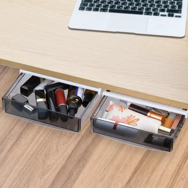 Alt view image 5 of 7 - 3 Pack Under Desk Drawer, Self-Adhesive Slide Out Organizer Tray, Plastic Under Table Attachable Hidden Storage Organizer for Office Home School Kitchen Sewing Table