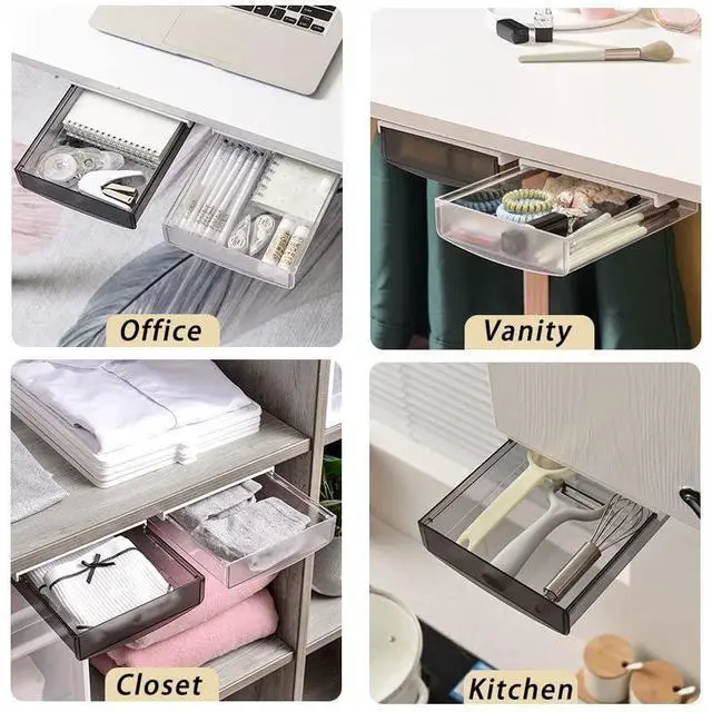 Alt view image 7 of 7 - 3 Pack Under Desk Drawer, Self-Adhesive Slide Out Organizer Tray, Plastic Under Table Attachable Hidden Storage Organizer for Office Home School Kitchen Sewing Table