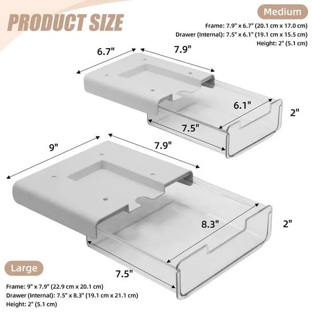 Alt view image 3 of 7 - 2 Pack Under Desk Storage Drawers Slide Out-Drill-On or Self-Adhesive,Large&Medium Drawer Under Desk Organizer Under Table Drawer for Home Office School Organization and Storage