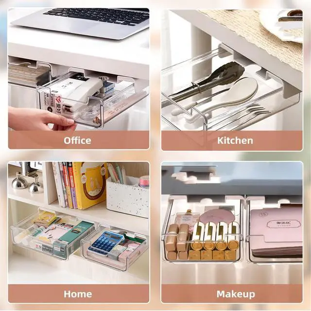 Alt view image 2 of 7 - 2 Pack Under Desk Storage Drawers Slide Out-Drill-On or Self-Adhesive,Large&Medium Drawer Under Desk Organizer Under Table Drawer for Home Office School Organization and Storage
