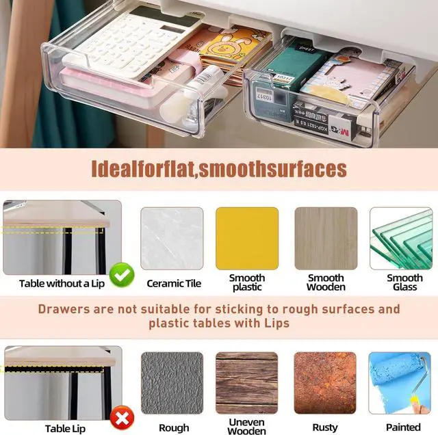 Alt view image 6 of 7 - 2 Pack Under Desk Storage Drawers Slide Out-Drill-On or Self-Adhesive,Large&Medium Drawer Under Desk Organizer Under Table Drawer for Home Office School Organization and Storage