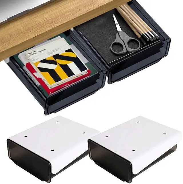 Main image of Self-adhesive Under Desk Drawer Organizer, 2 Pack Table Hidden Slide Out Large Storage Mounted Desktop Pencil Holder Tray Drawers for Office Home School Stationery Kitchen (Black)