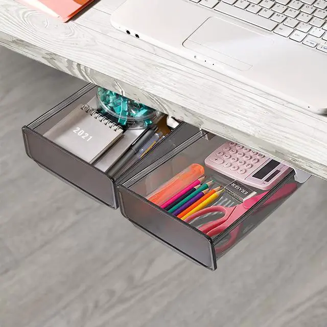 Alt view image 5 of 7 - Self-adhesive Under Desk Drawer Organizer, 2 Pack Table Hidden Slide Out Large Storage Mounted Desktop Pencil Holder Tray Drawers for Office Home School Stationery Kitchen (Black)