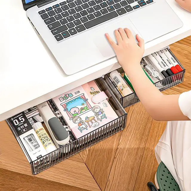 Main image of 2Pcs Under Desk Storage Drawers Slide Out,Large&Medium, Stick On Desk Drawer Organizer Hidden Under Table Drawer for Home Office School Organization and Storage-Transparent Black