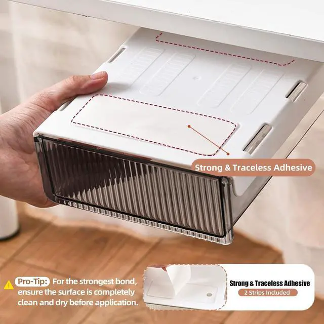 Alt view image 2 of 7 - 2Pcs Under Desk Storage Drawers Slide Out,Large&Medium, Stick On Desk Drawer Organizer Hidden Under Table Drawer for Home Office School Organization and Storage-Transparent Black