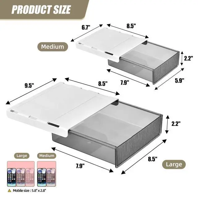 Alt view image 5 of 7 - 2Pcs Under Desk Storage Drawers Slide Out,Large&Medium, Stick On Desk Drawer Organizer Hidden Under Table Drawer for Home Office School Organization and Storage-Transparent Black