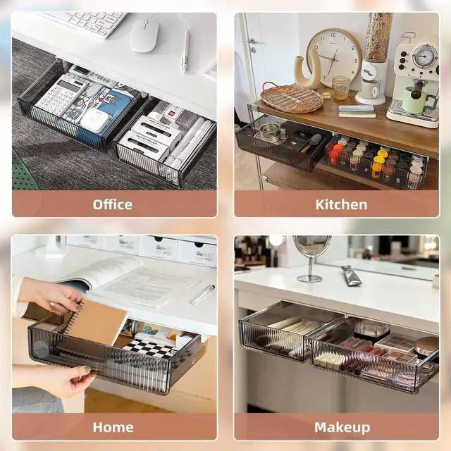 Alt view image 7 of 7 - 2Pcs Under Desk Storage Drawers Slide Out,Large&Medium, Stick On Desk Drawer Organizer Hidden Under Table Drawer for Home Office School Organization and Storage-Transparent Black